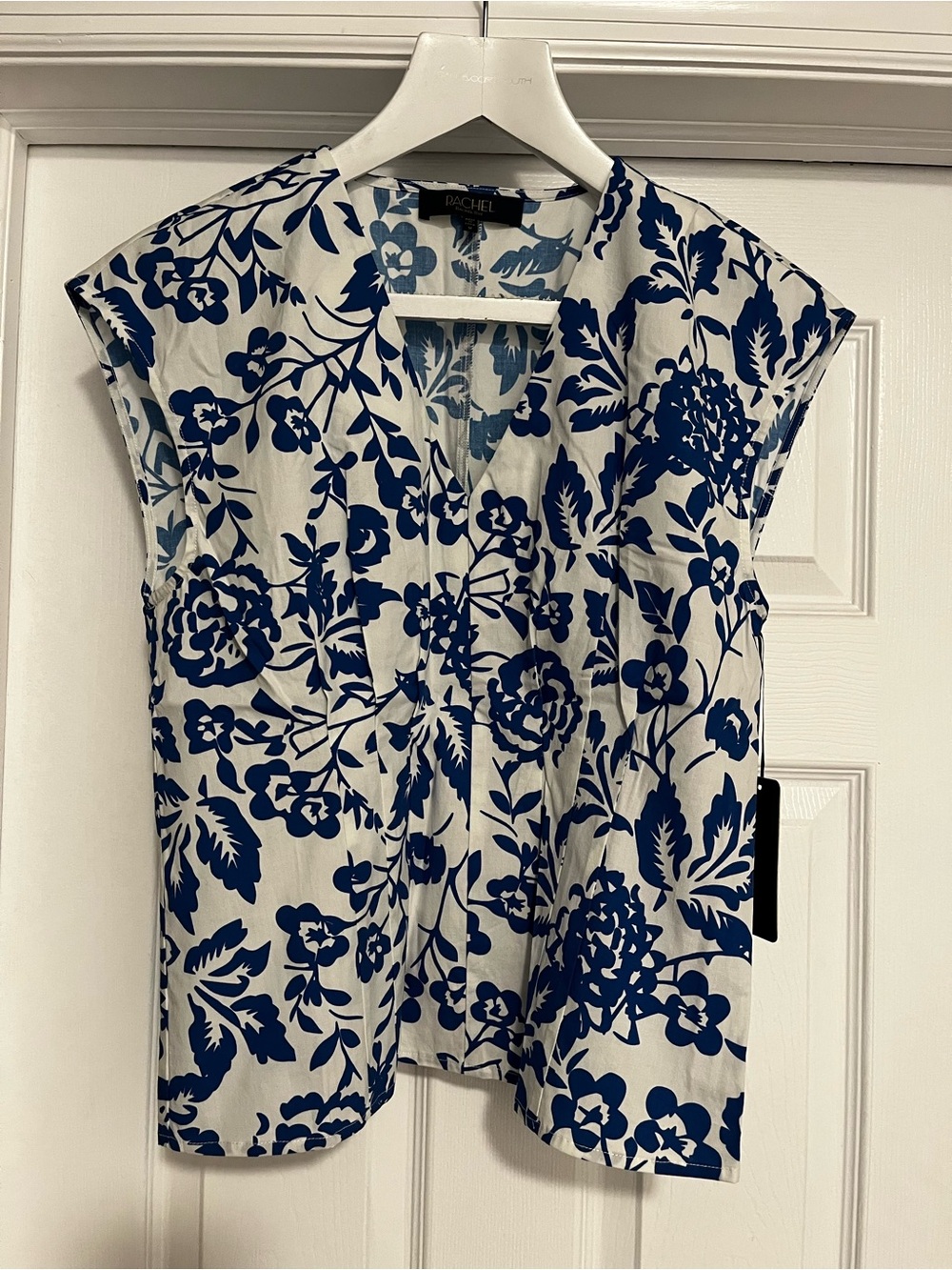 Blue and White Floral V-Neck Cap Sleeve Blouse